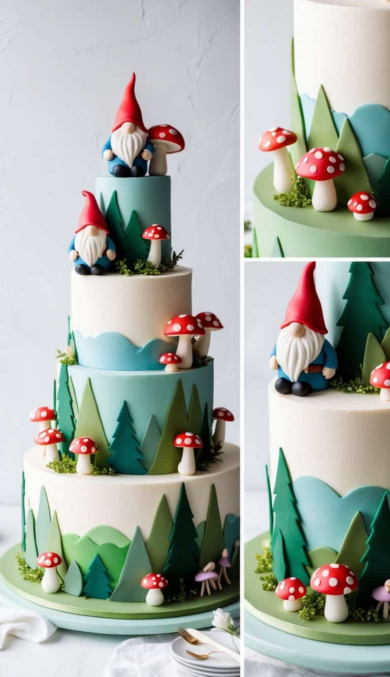A whimsical forest scene with gnomes, fairies, and colorful mushroom-themed cake decorations