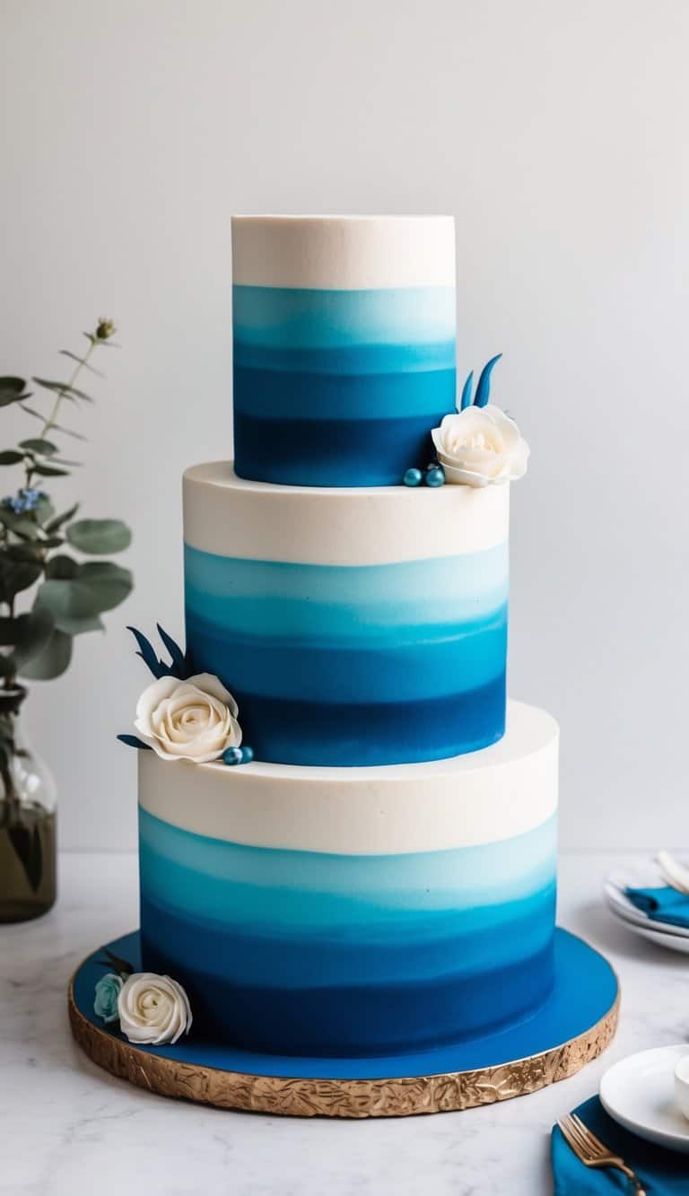 A three-tiered monochrome blue ombre cake with a seamless gradient, elegantly decorated with smooth icing and possibly some decorative elements
