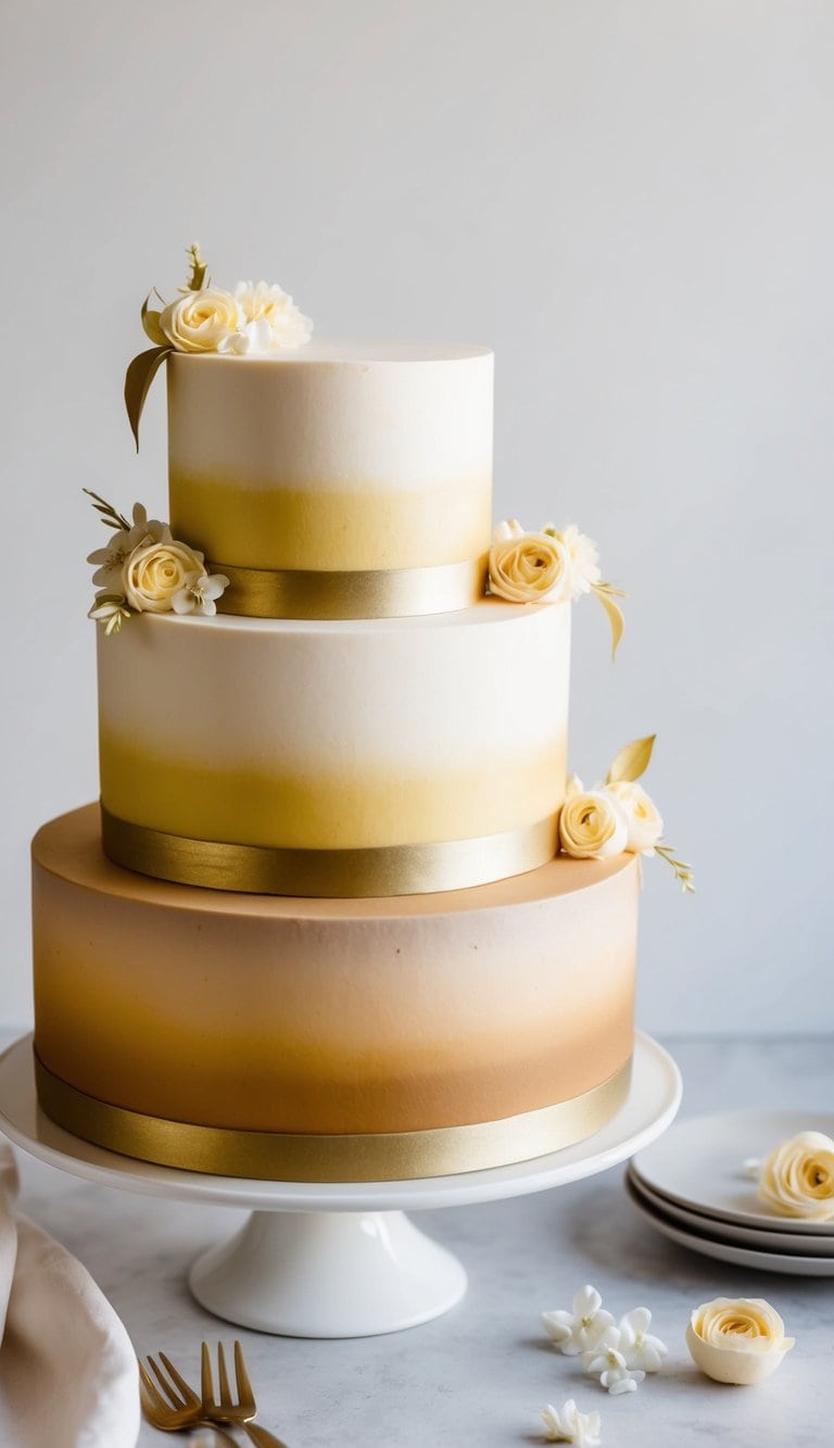 A three-tiered ombre celebration cake with a seamless gradient of golden hues, adorned with elegant decorations