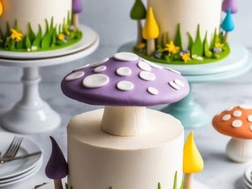 Three cakes on stands, each decorated with a large mushroom topper and colorful smaller mushrooms. The cakes have smooth white icing with green grass and yellow flowers around the base, placed on a wooden slice.