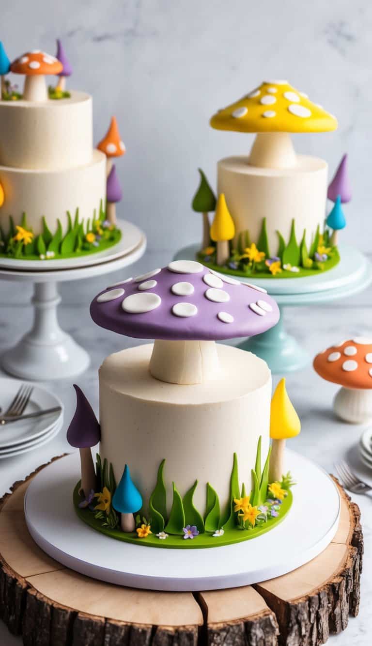 A whimsical mushroom cake stands on a wooden log, surrounded by colorful fairytale-inspired decorations