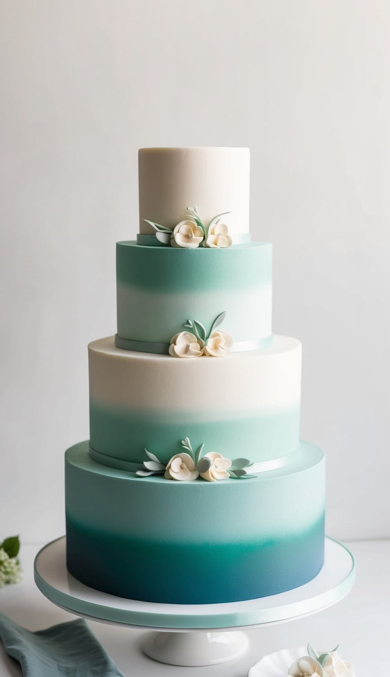 A three-tier wedding cake with a seamless ombre gradient from sage green at the bottom to a lighter shade at the top