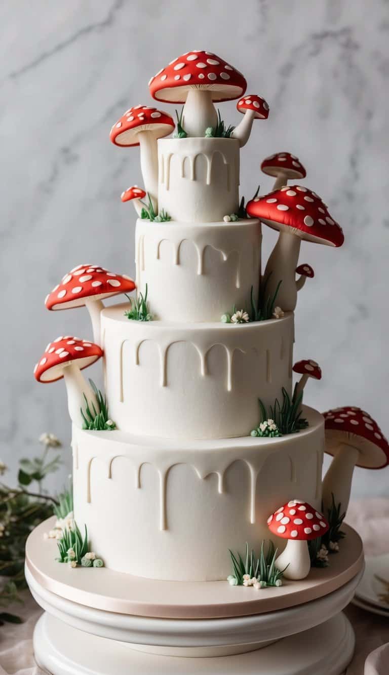 Mushroom towers rise in a whimsical fairytale landscape