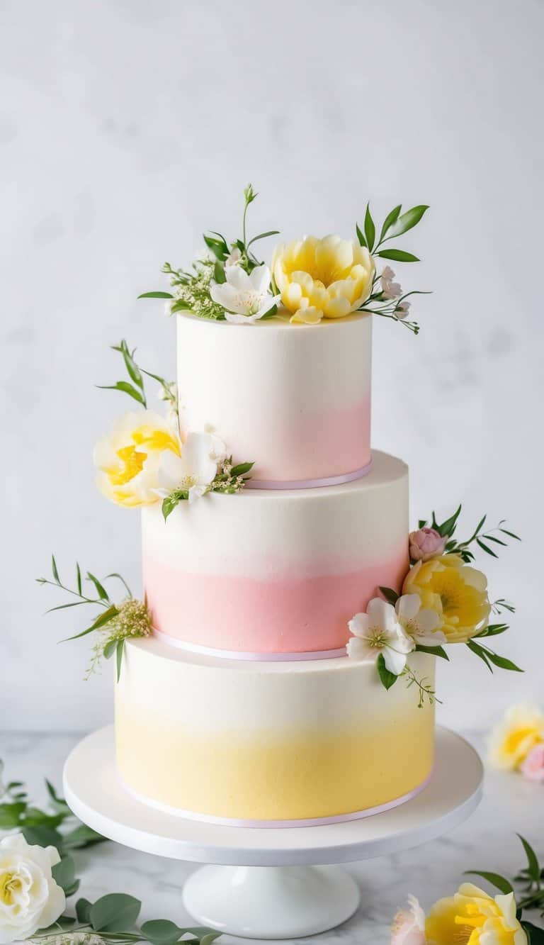 A three-tiered spring blossom ombre cake with delicate pink, white, and yellow gradient layers, adorned with fresh flowers and greenery