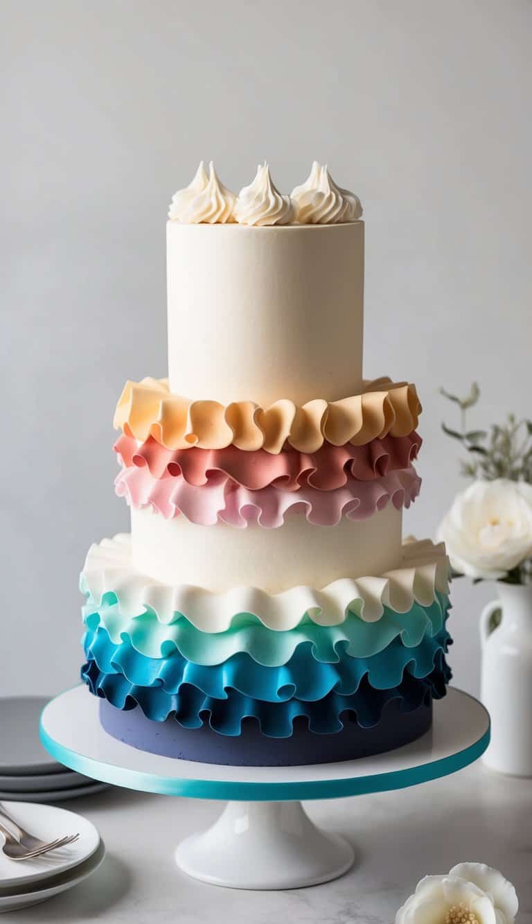 A three-tiered cake with a buttercream ombré ruffle design, transitioning from a light to a dark shade, creating a seamless gradient effect