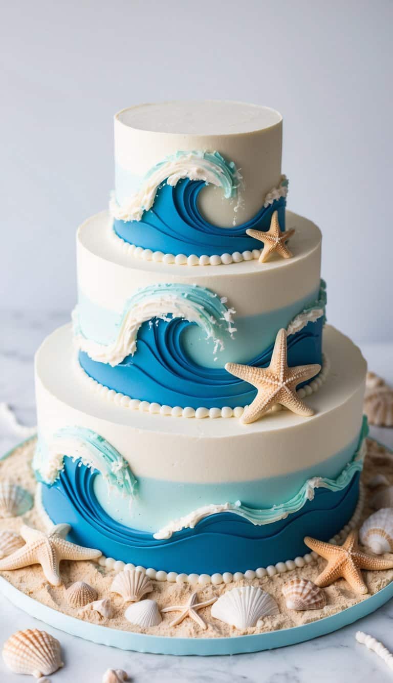 A beach-themed cake with crashing waves, starfish, and seashells on a sandy shore