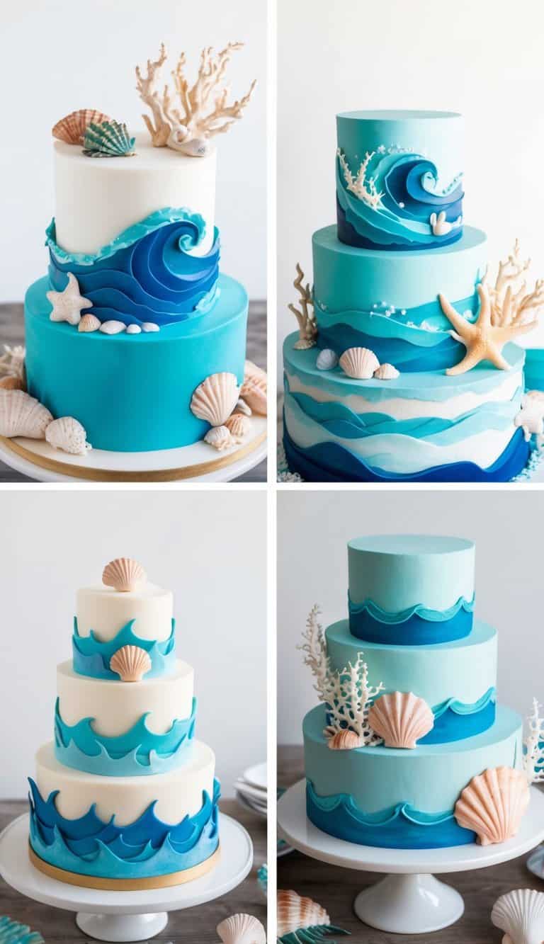 A vibrant underwater scene featuring waves, seashells, and marine life, with a variety of ocean-themed cake designs