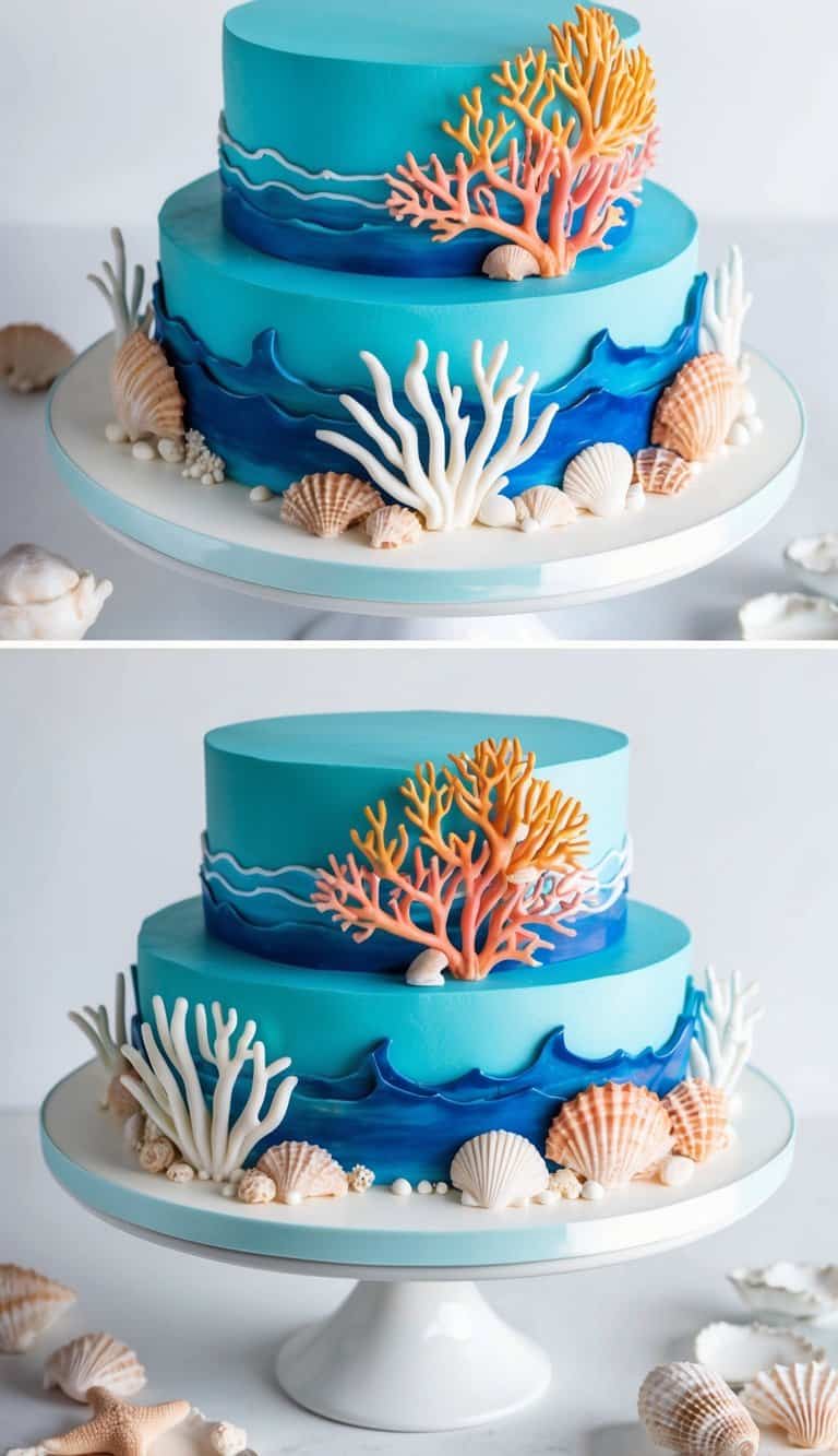A vibrant coral reef with intricate fondant details, surrounded by waves, seashells, and marine life