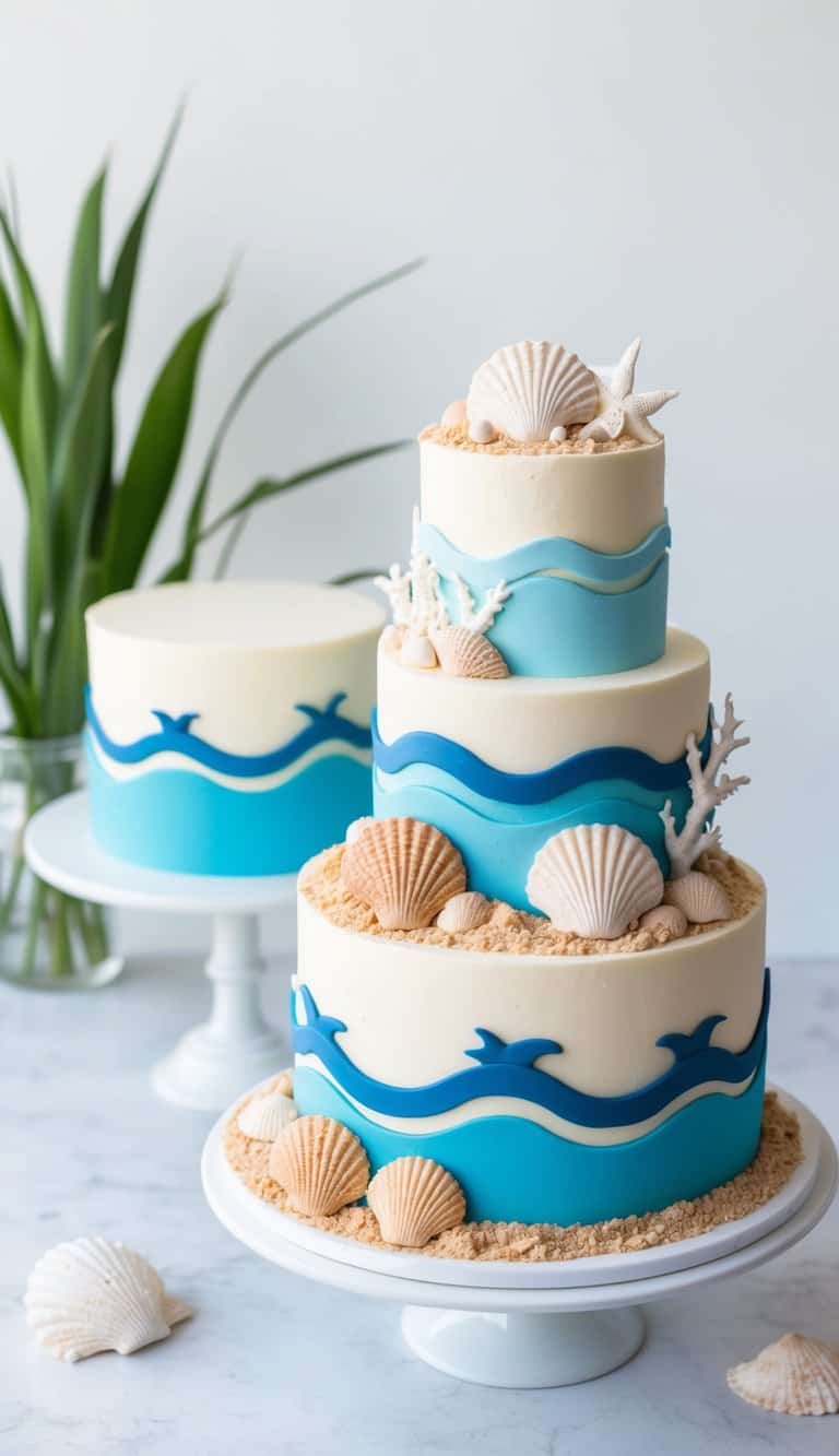 A beach-themed cake decorated with edible graham cracker sand, waves, and seashells