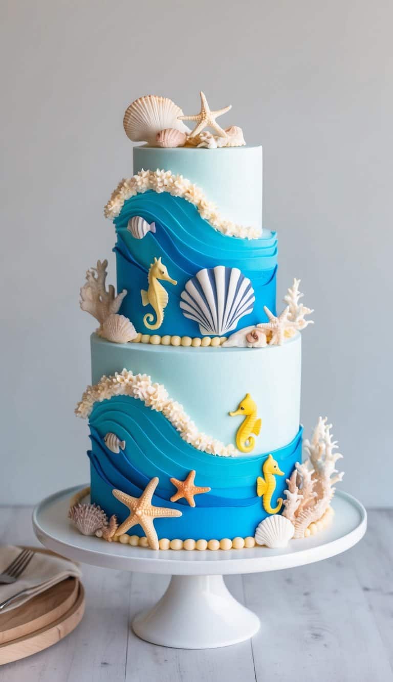 A vibrant underwater scene with ocean waves, seashells, and various nautical creatures like starfish, seahorses, and fish, all adorning a beautifully decorated ocean-inspired cake