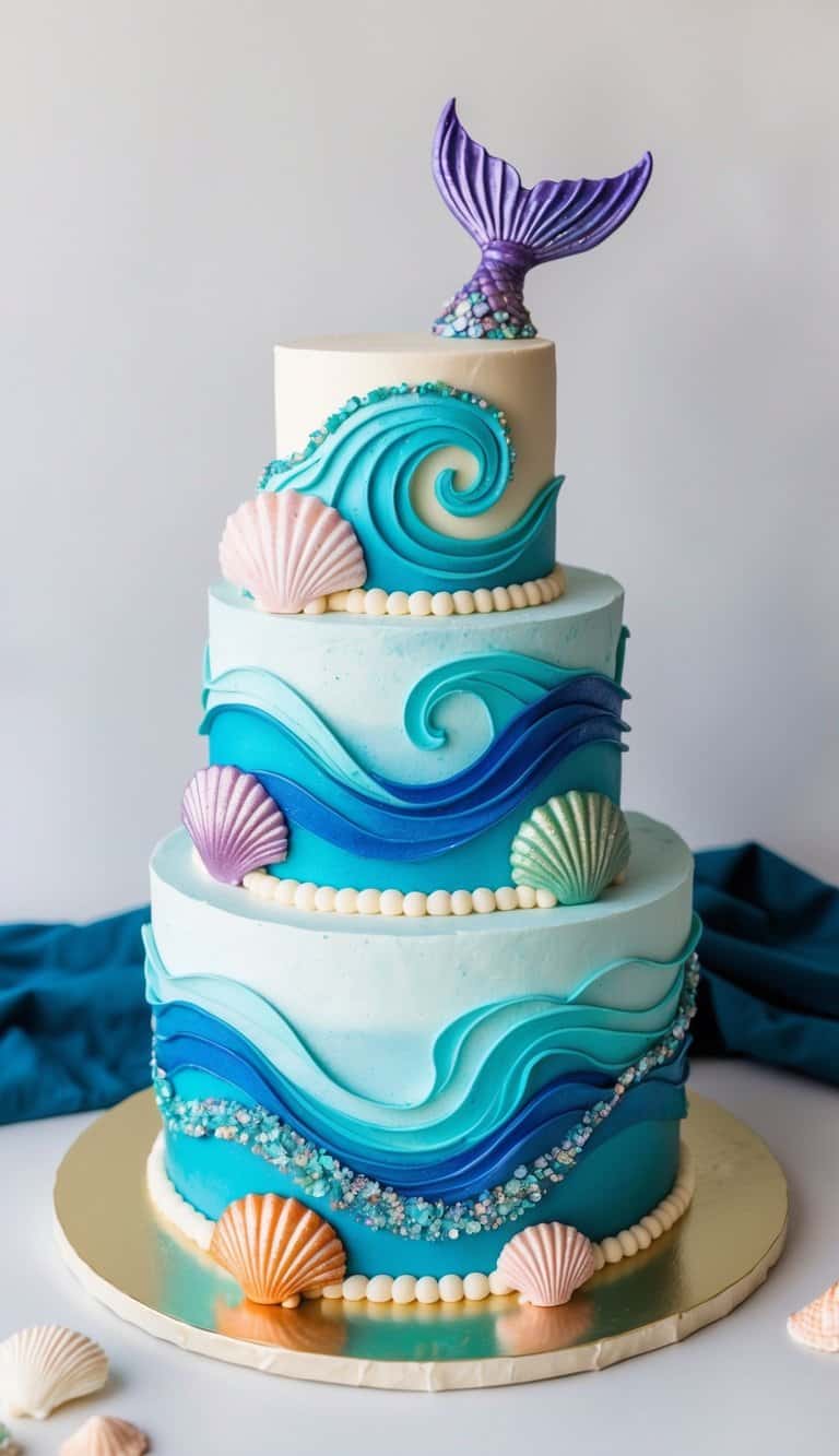 A vibrant underwater scene with swirling waves, colorful seashells, and shimmering mermaid tails as cake decorations