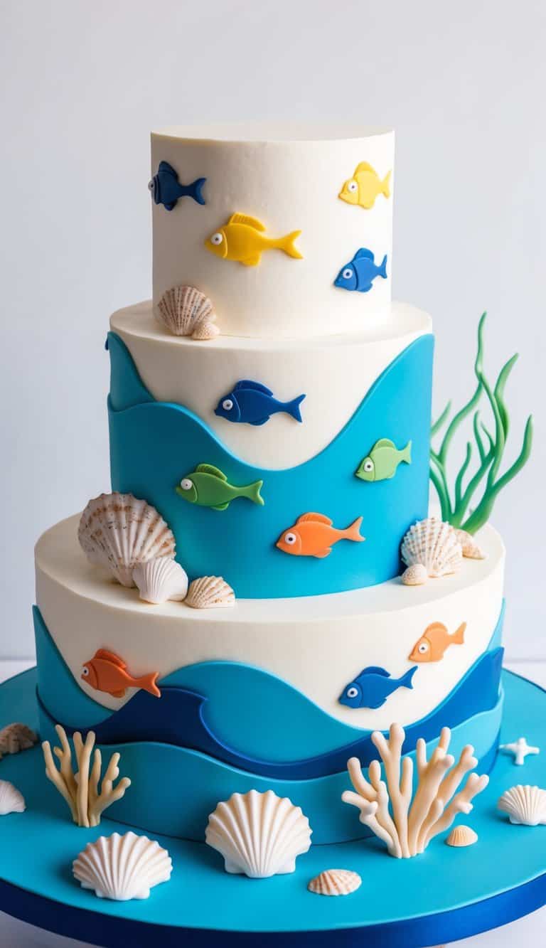 An underwater scene with colorful fish swimming among waves, seashells, and coral on the ocean floor