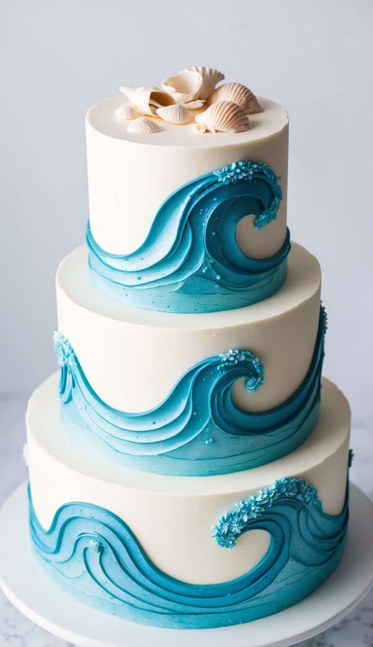 A frosted cake with swirling blue waves, shimmering water effects, and delicate seashells scattered on top