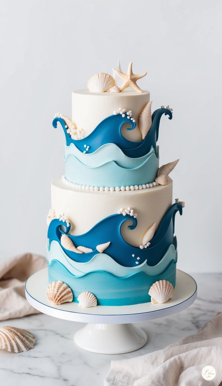 An ocean-themed cake adorned with waves, seashells, and marine accents