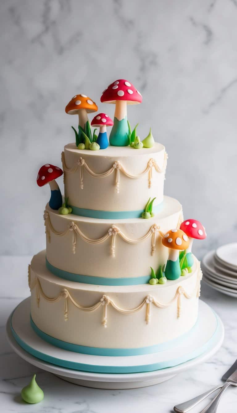 A whimsical cake adorned with colorful gum paste mushroom decorations