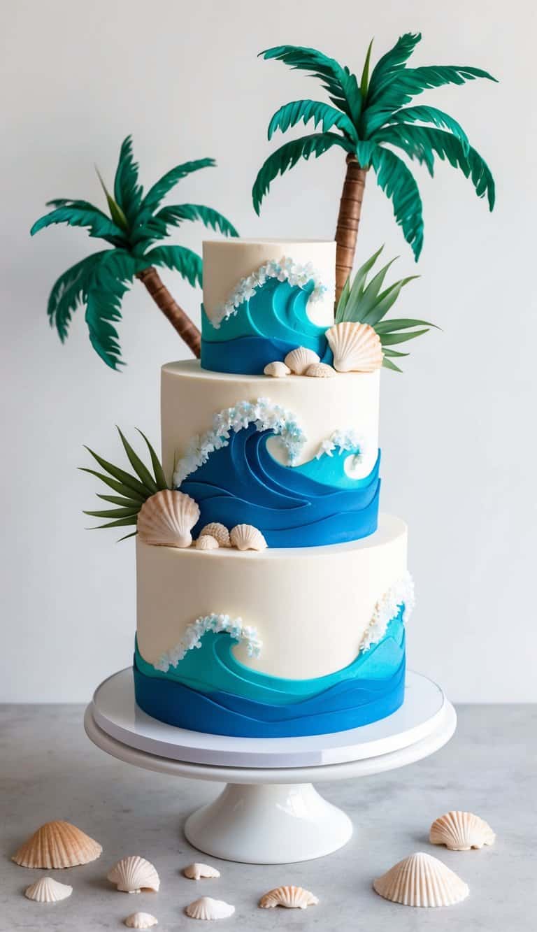 A vibrant tropical island scene with crashing waves, palm trees, and seashells scattered on the sandy beach