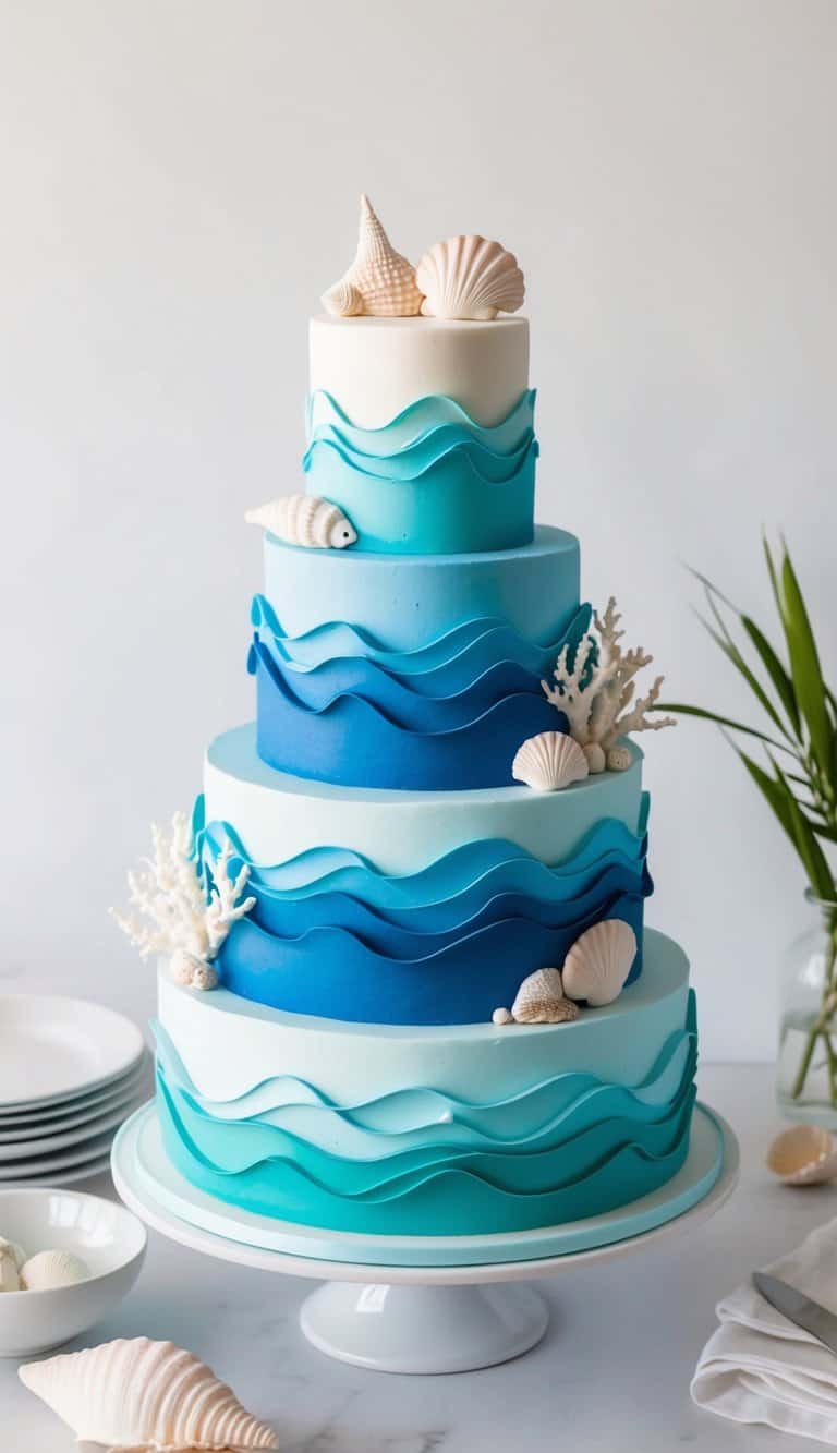 A multi-tiered cake with ombre blue layers, adorned with intricate fondant waves, seashells, and marine life decorations