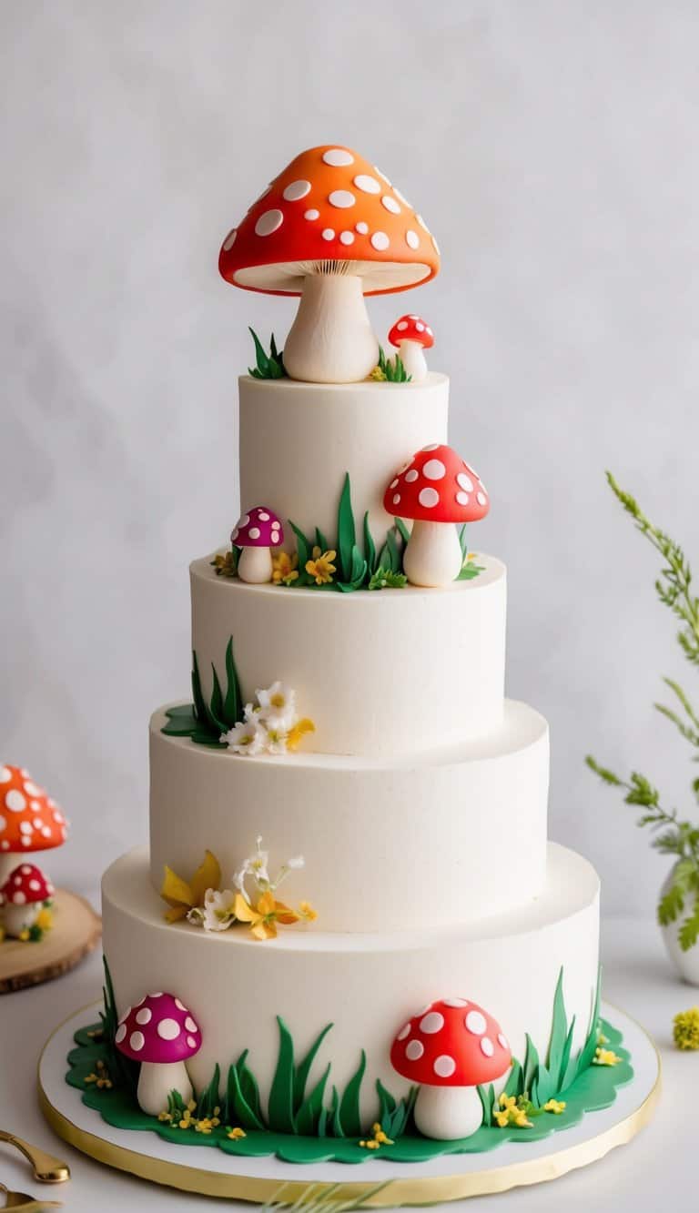 A whimsical mushroom cake with colorful toadstool caps and fairy-tale inspired decorations