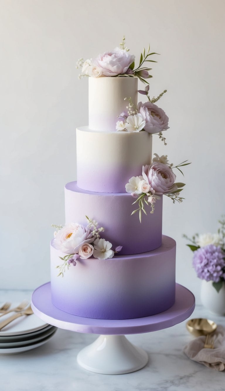 A three-tiered lavender ombre cake with delicate, seamless gradient layers, adorned with elegant floral decorations