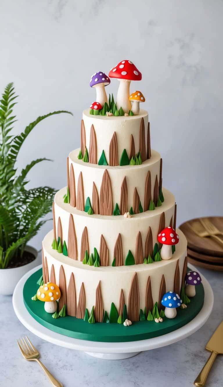 A whimsical forest scene with layered sponge for tree trunks and colorful mushroom cake decorations