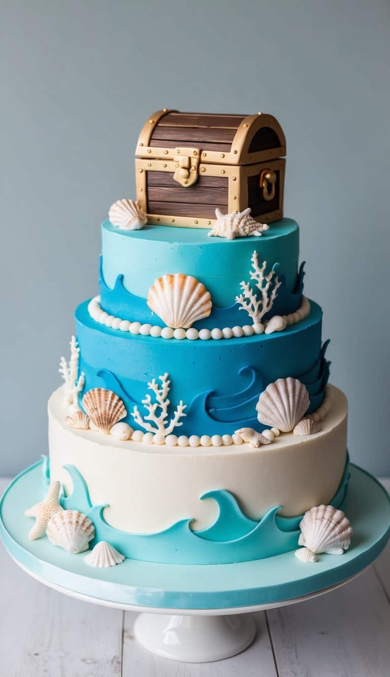 A treasure chest-shaped cake surrounded by ocean waves, seashells, and marine life, with edible additions like pearls and coral