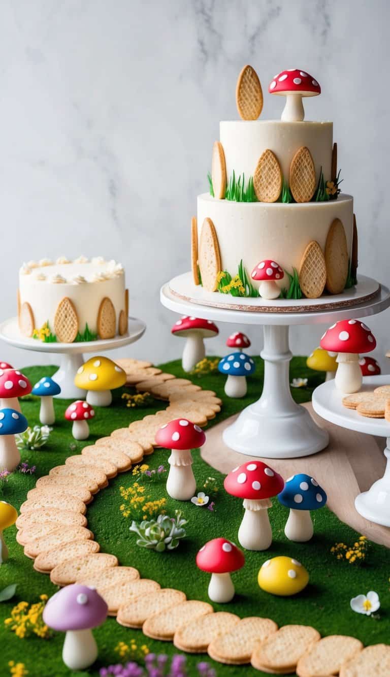 Wafer cookies form winding pathways through a whimsical garden of colorful mushroom-shaped cakes