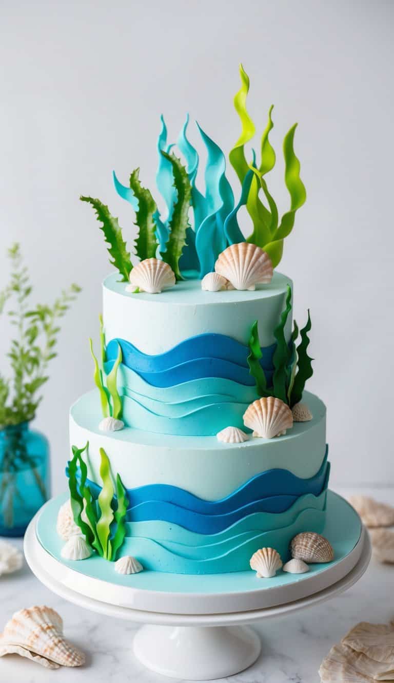 An underwater scene with colorful aquatic plants, seaweed, waves, and seashells, creating a stunning ocean-inspired cake decoration