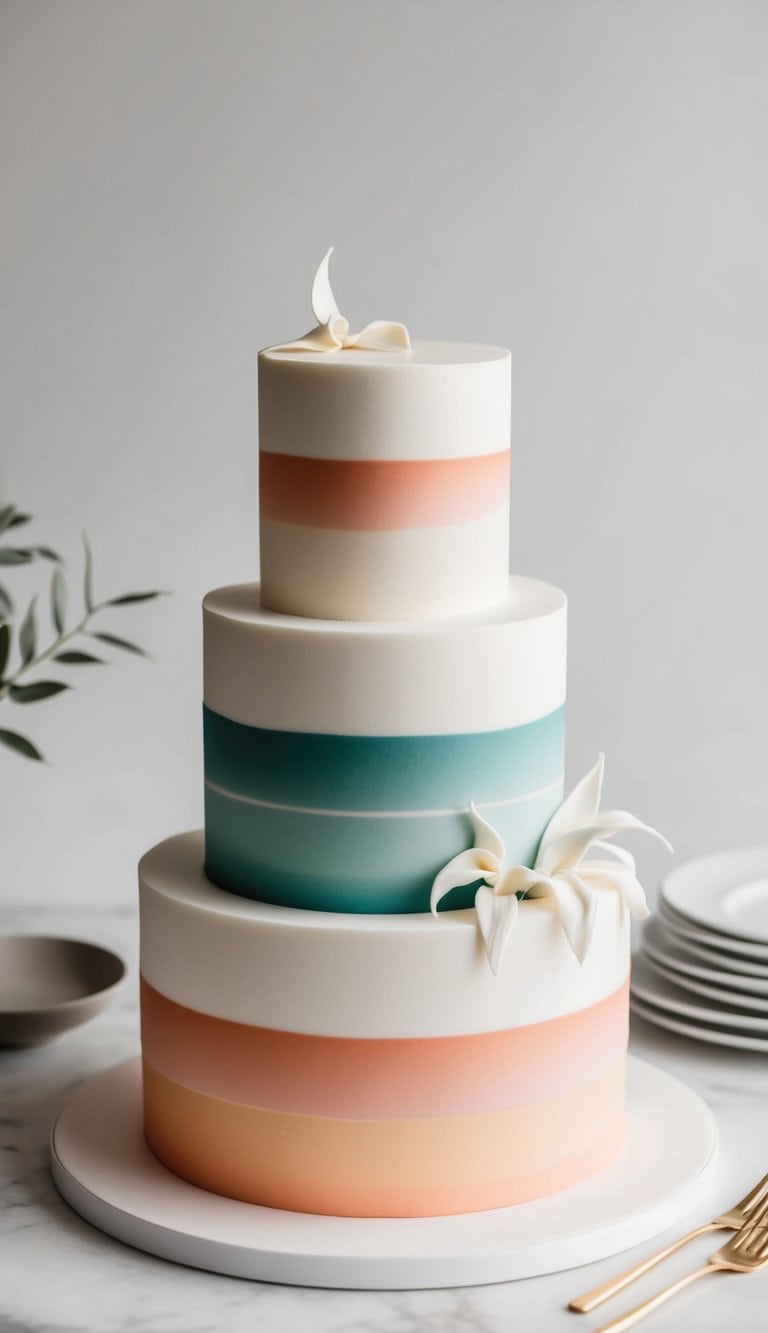 A three-tiered ombre cake with seamless gradient stripes in elegant minimalist design