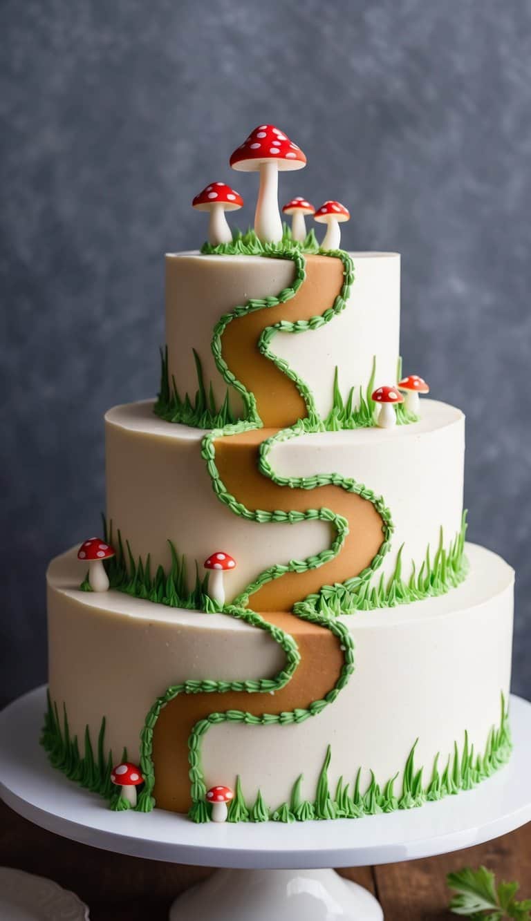 A whimsical forest of buttercream pathways, dotted with colorful mushrooms, perfect for fairytale-inspired cake decorating