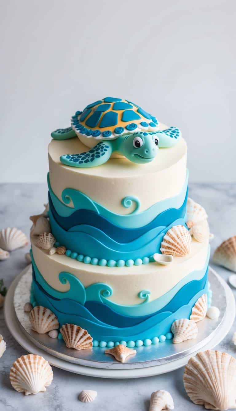 A sea turtle fondant sculpture adorns a cake surrounded by waves, seashells, and marine life