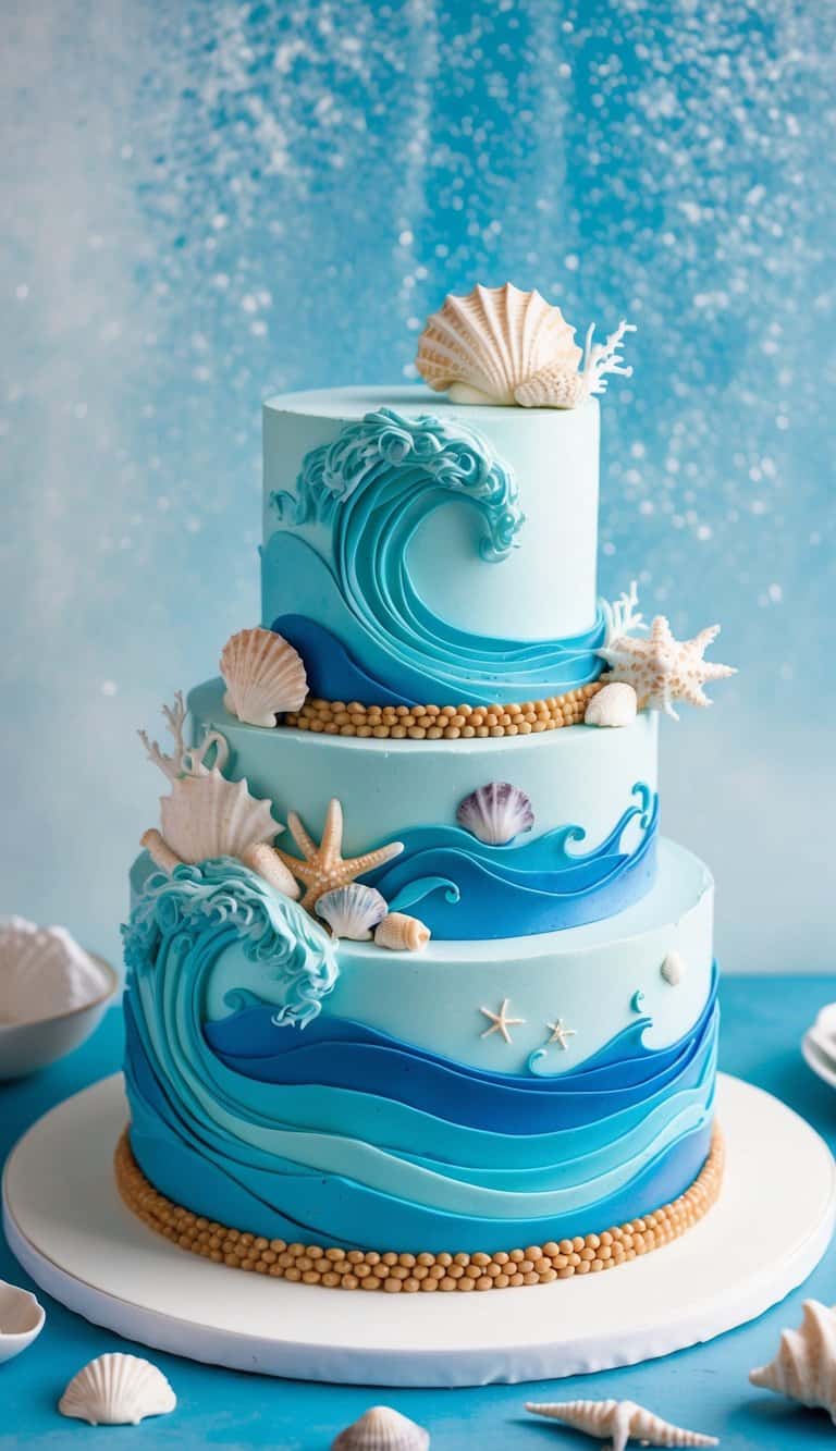 A vibrant ocean cake with swirling waves, seashells, and marine life, set against a backdrop of sparkling blue water