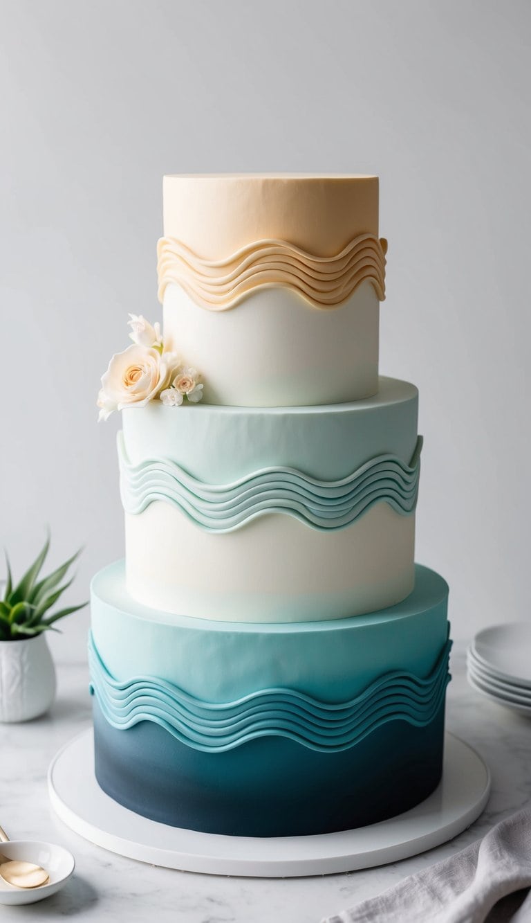A three-tiered ombre cake with a seamless gradient from dark to light, adorned with elegant wave designs in varying shades of the same color