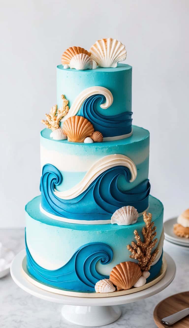 A vibrant ocean cake with swirling waves, seashells, and a sea salt caramel flavor