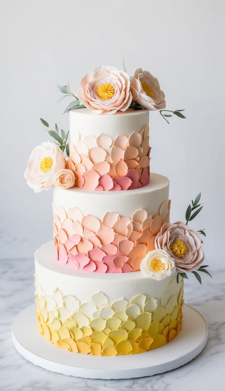 A three-tiered cake with ombré textured buttercream florals in seamless gradient