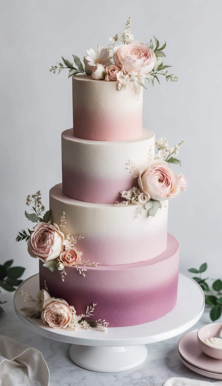 A three-tiered ombre cake with seamless gradient in shades of vintage rose, elegantly decorated with intricate floral designs