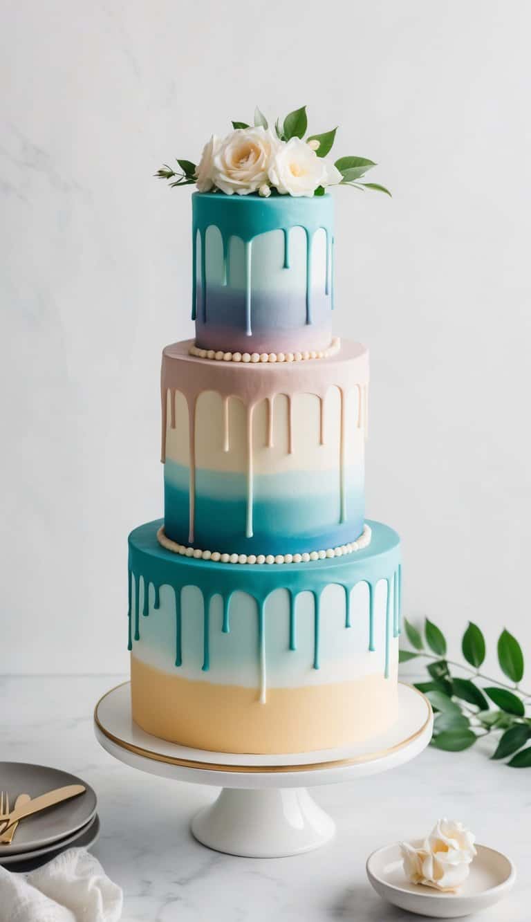 A three-tiered ombre drip cake with seamless gradient layers and elegant decoration