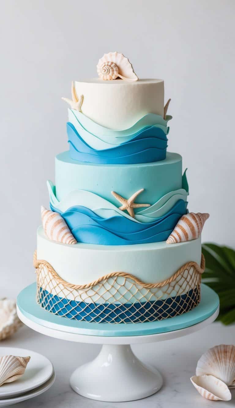 A cake adorned with fondant waves, seashells, and fish net design, evoking an ocean-inspired theme