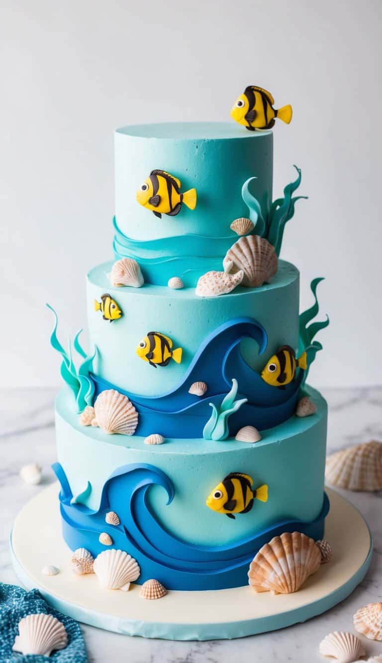 A vibrant underwater scene with colorful tropical fish, swirling waves, and delicate seashells scattered across a stunning ocean-themed cake