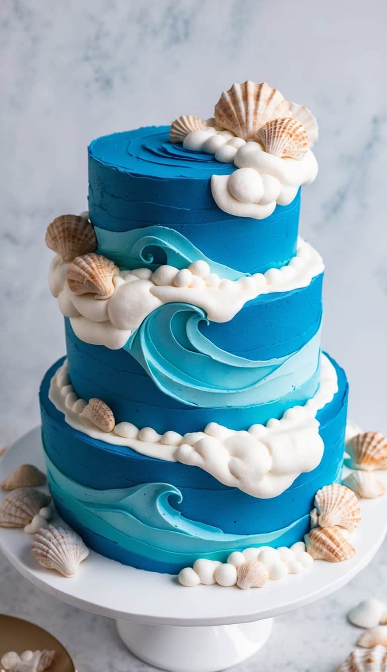 A vibrant ocean-themed cake with swirling blue waves, frothy white foam, and delicate seashells scattered across the surface