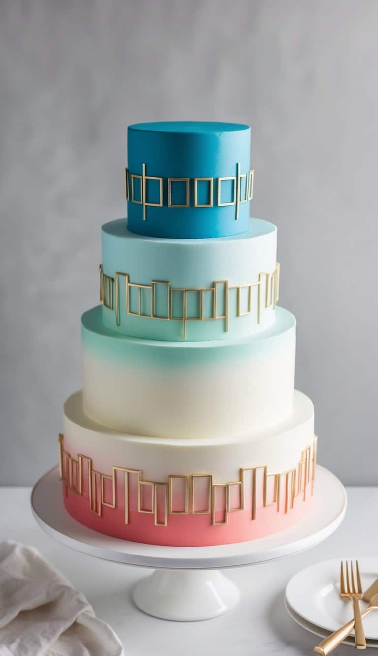 A tiered ombre cake with art deco squares in seamless gradient