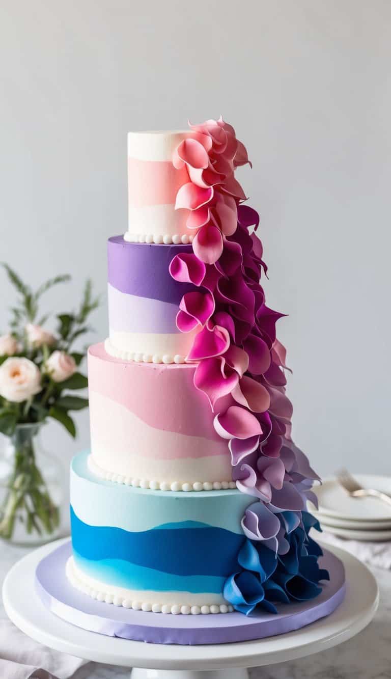 A three-tiered cake with cascading ombre petals in shades of pink, purple, and blue, creating a seamless gradient effect