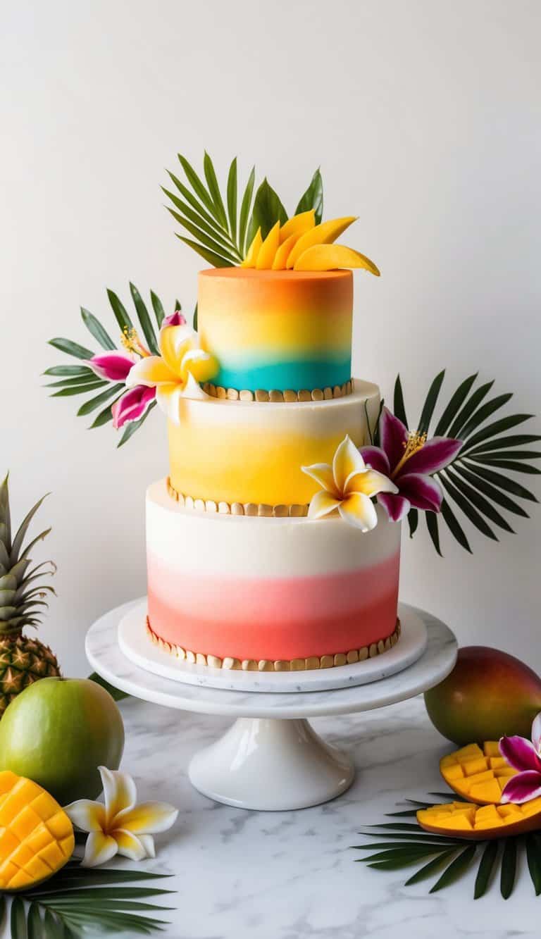A tropical ombre mango cake displayed on a white marble table, surrounded by vibrant tropical flowers and fruits