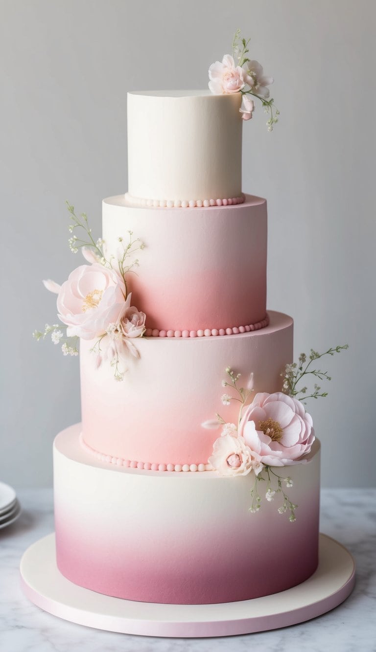 A three-tiered ombre cake in ballet pink shades, with seamless gradient transitioning from light to dark, adorned with delicate floral decorations