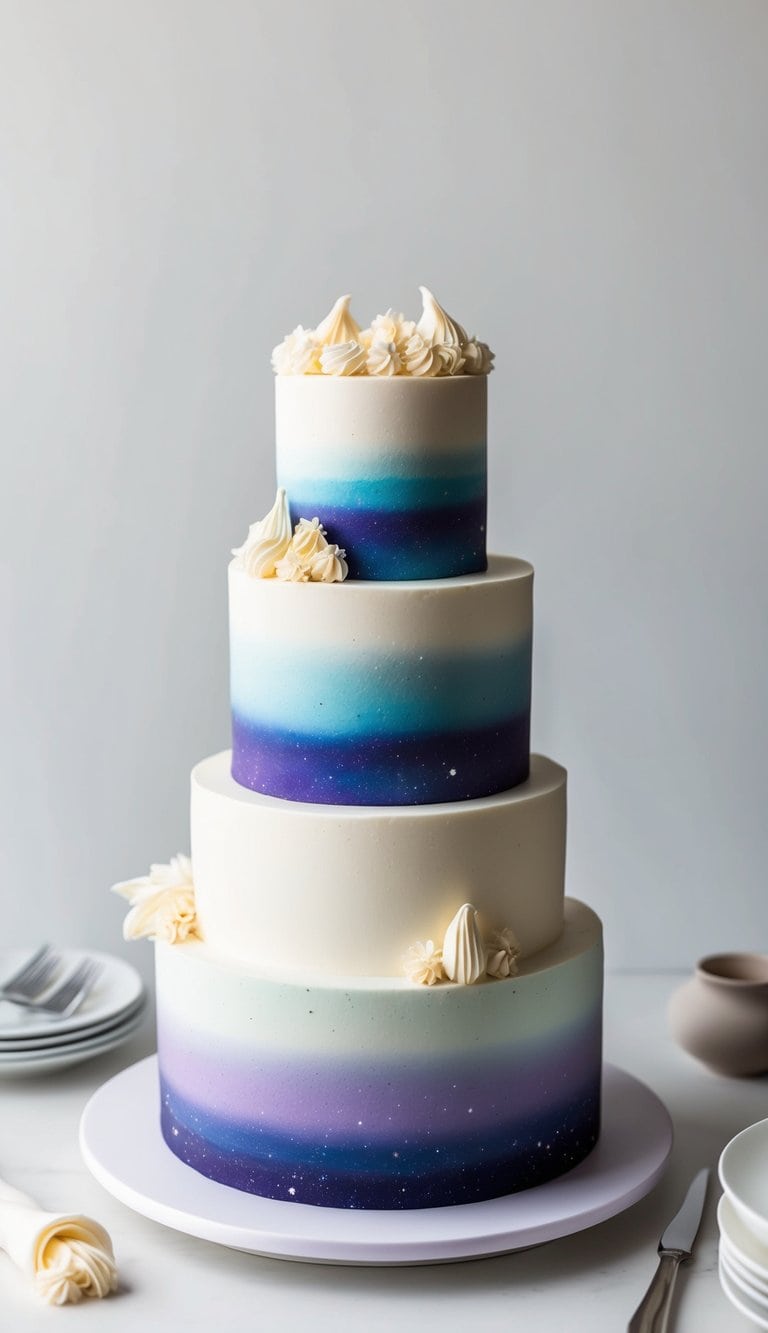 A multi-layered cake with a seamless gradient of colors, resembling a galactic ombre galaxy design