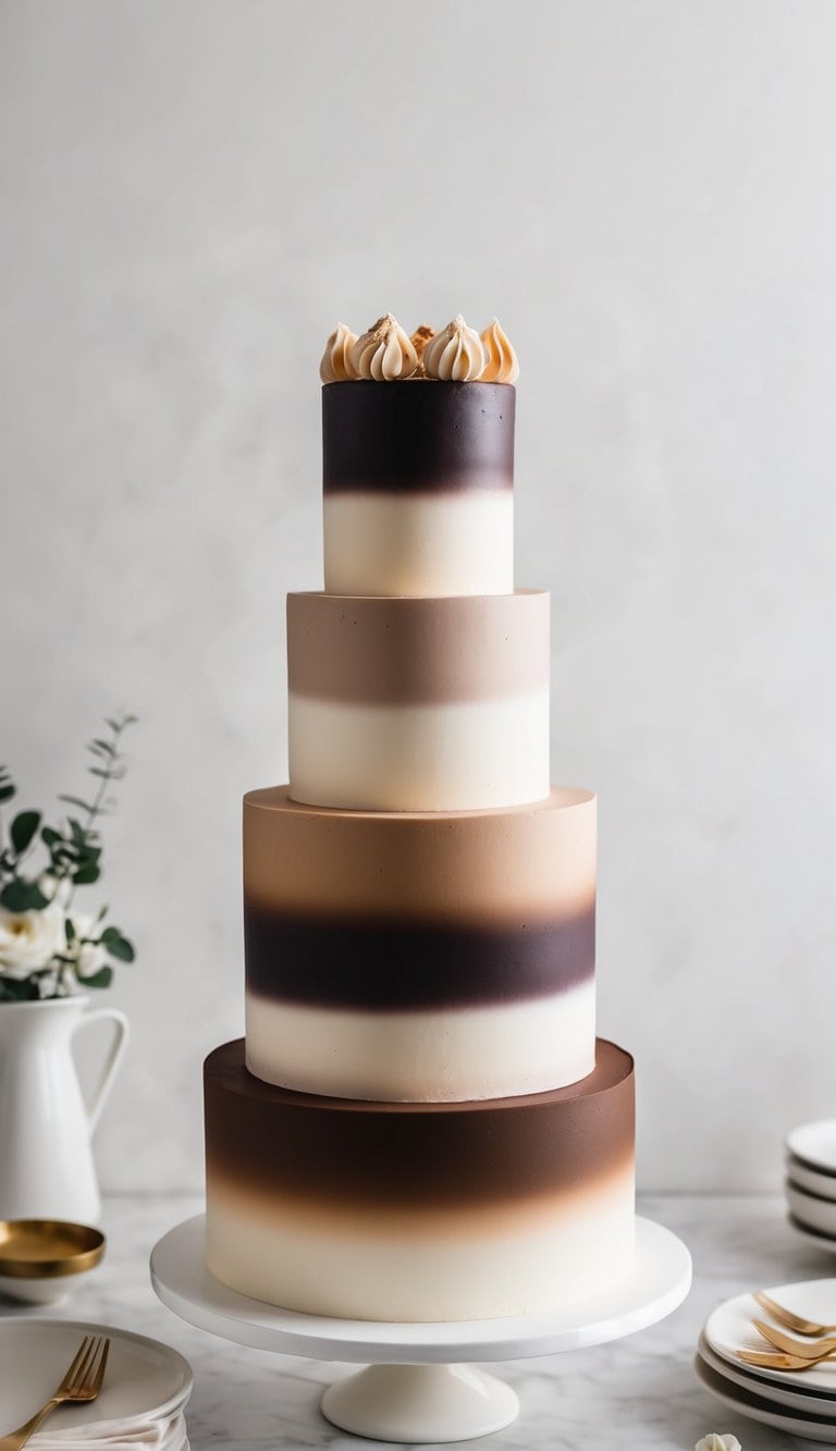 A tall, elegant ombre cake with layers of tiramisu shades, showcasing a seamless gradient from dark to light