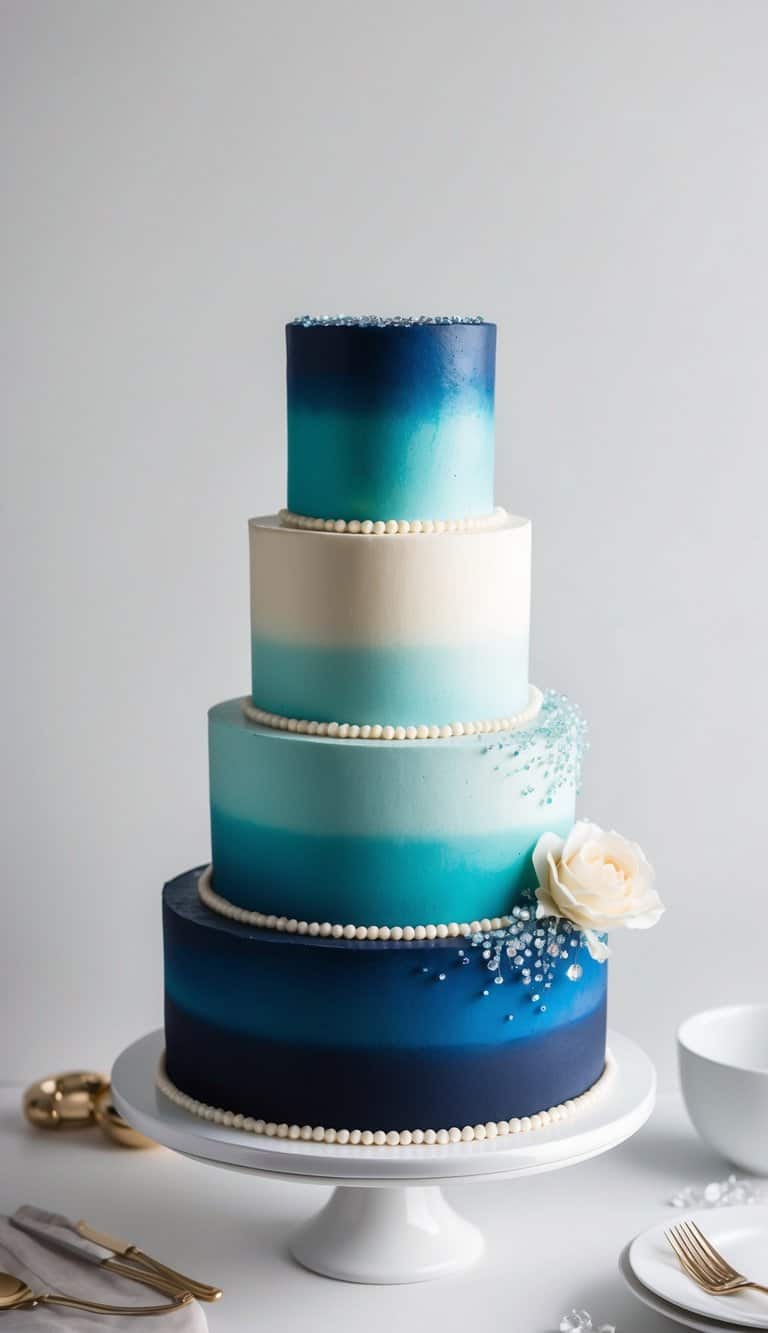 A three-tiered opulent sapphire ombre cake, transitioning from dark to light, adorned with delicate edible pearls and shimmering sugar crystals