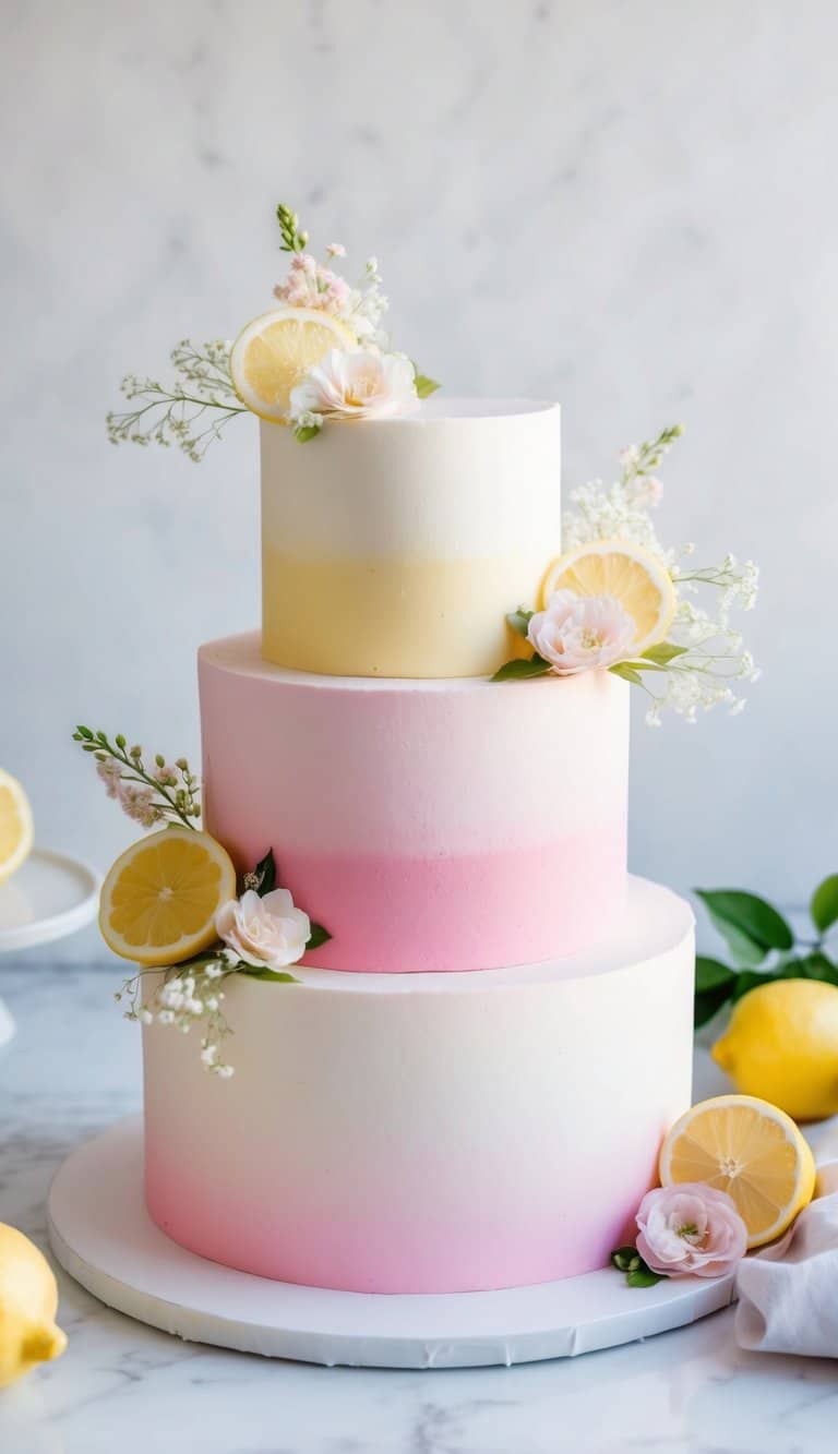 A three-tiered pink lemonade ombre cake with smooth gradient layers, adorned with delicate floral decorations