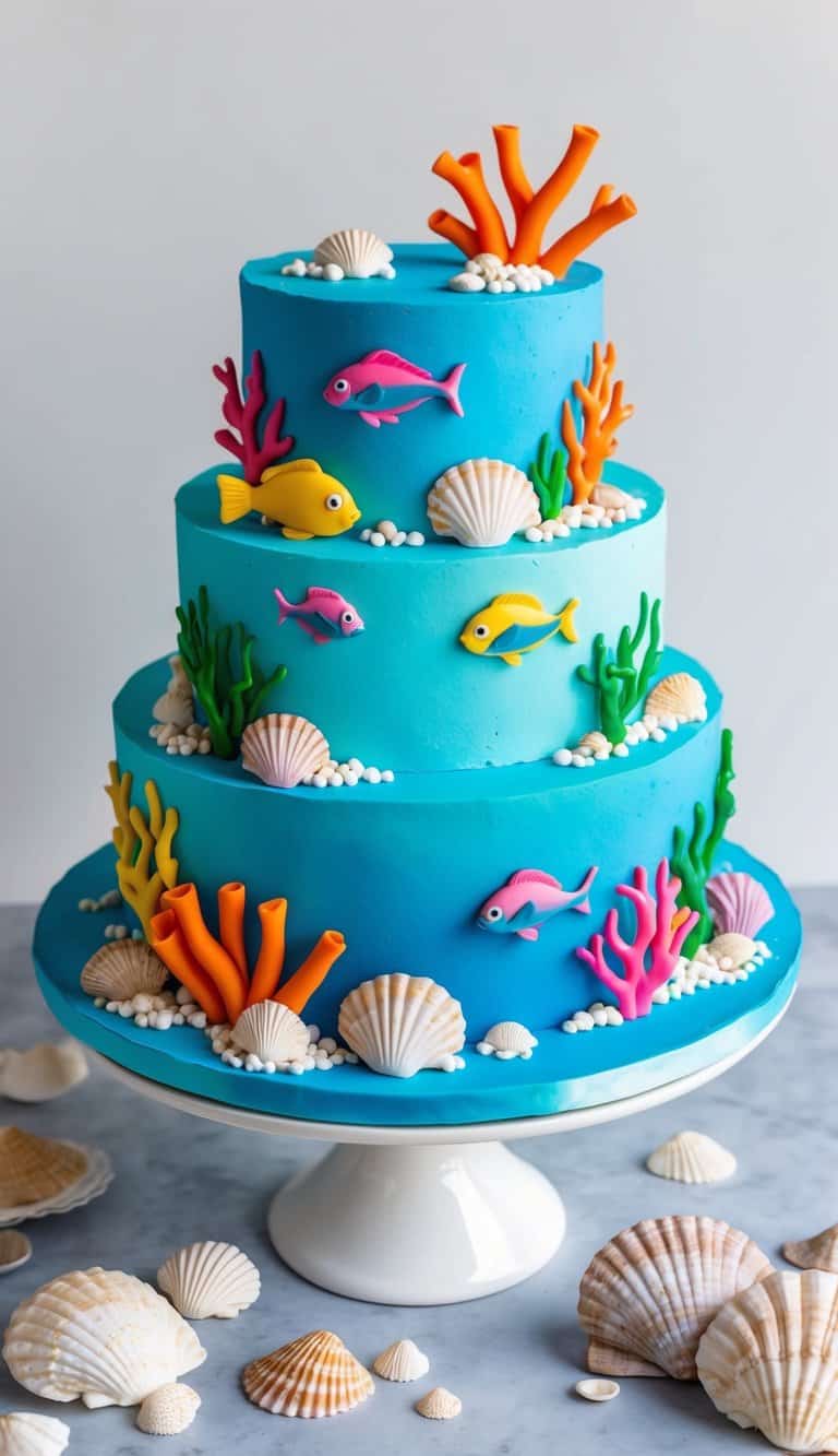 A vibrant underwater scene with colorful coral, swimming fish, and a variety of seashells scattered across the ocean floor