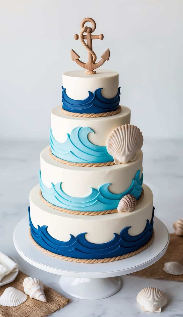 A nautical-themed cake with waves, seashells, and an anchor made of nautical rope