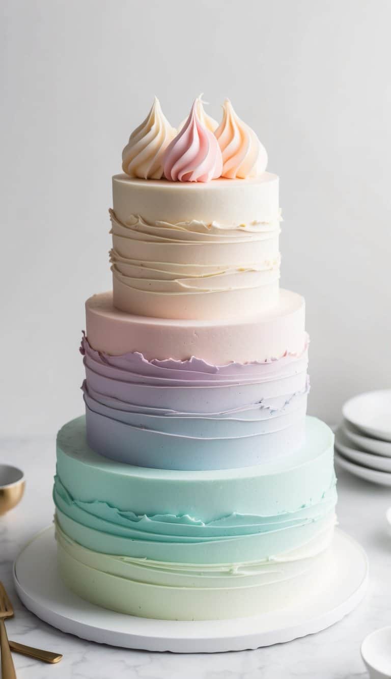 A three-tiered ombre pastel layer cake with delicate swirls of frosting in soft, dreamy colors